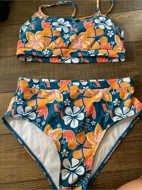 SHEIN Teal Floral Bikini Set with Orange & White Blooms